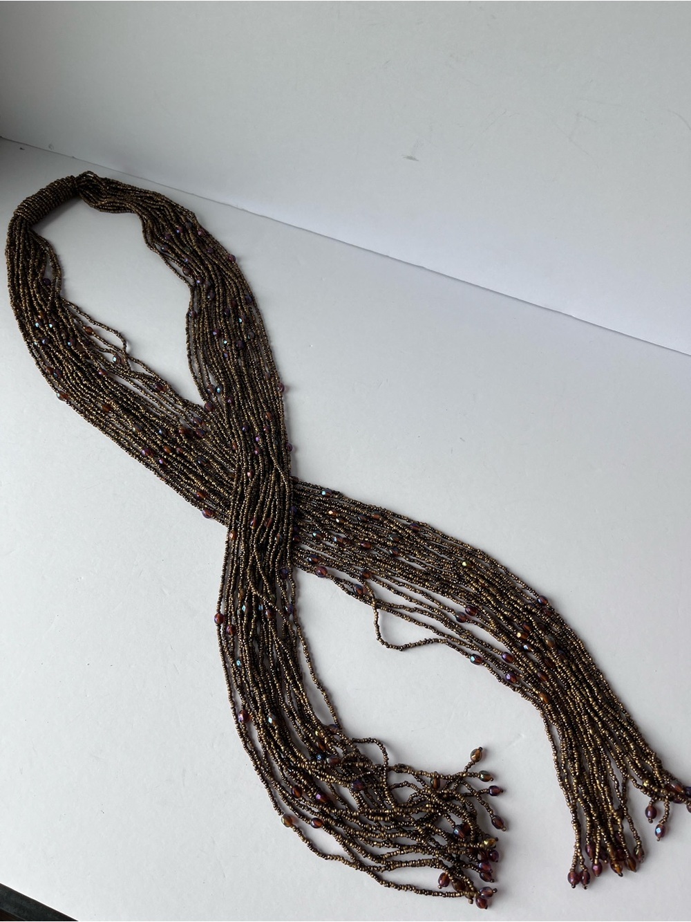 Brown Beaded Long Statement Necklace Tassels Lariat
